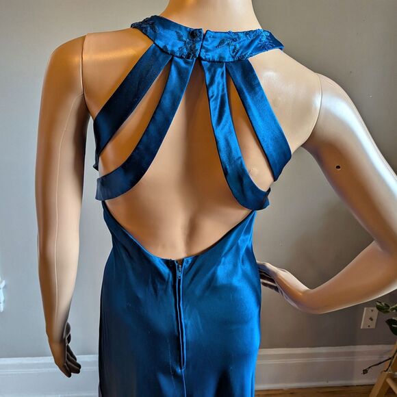 Vintage Y2K Zum Zum Blue Silky Evening Gown Maxi Prom Dress Sequins Size 4 - Picture 5 of 10